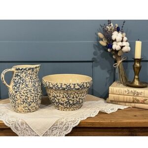 Robinson Ransbottom Blue Spongeware Pottery Mixing Bowl and Pitcher Set USA